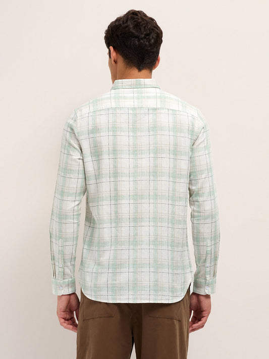 White & Green Woven Check Slim Fit Casual Shirt