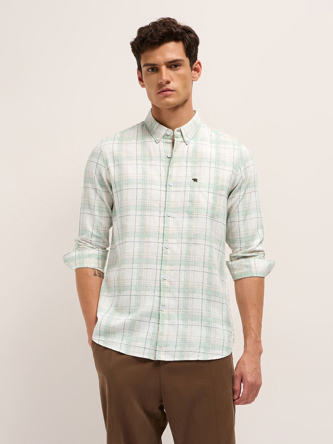 White & Green Woven Check Slim Fit Casual Shirt