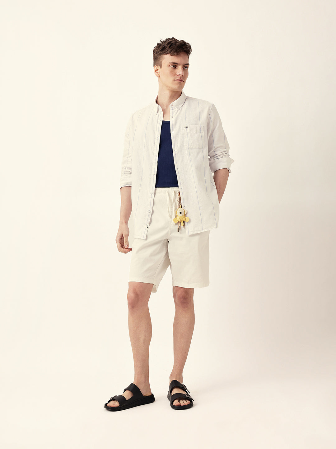 White Woven Vertical Stripes Slim Fit Casual Shirt