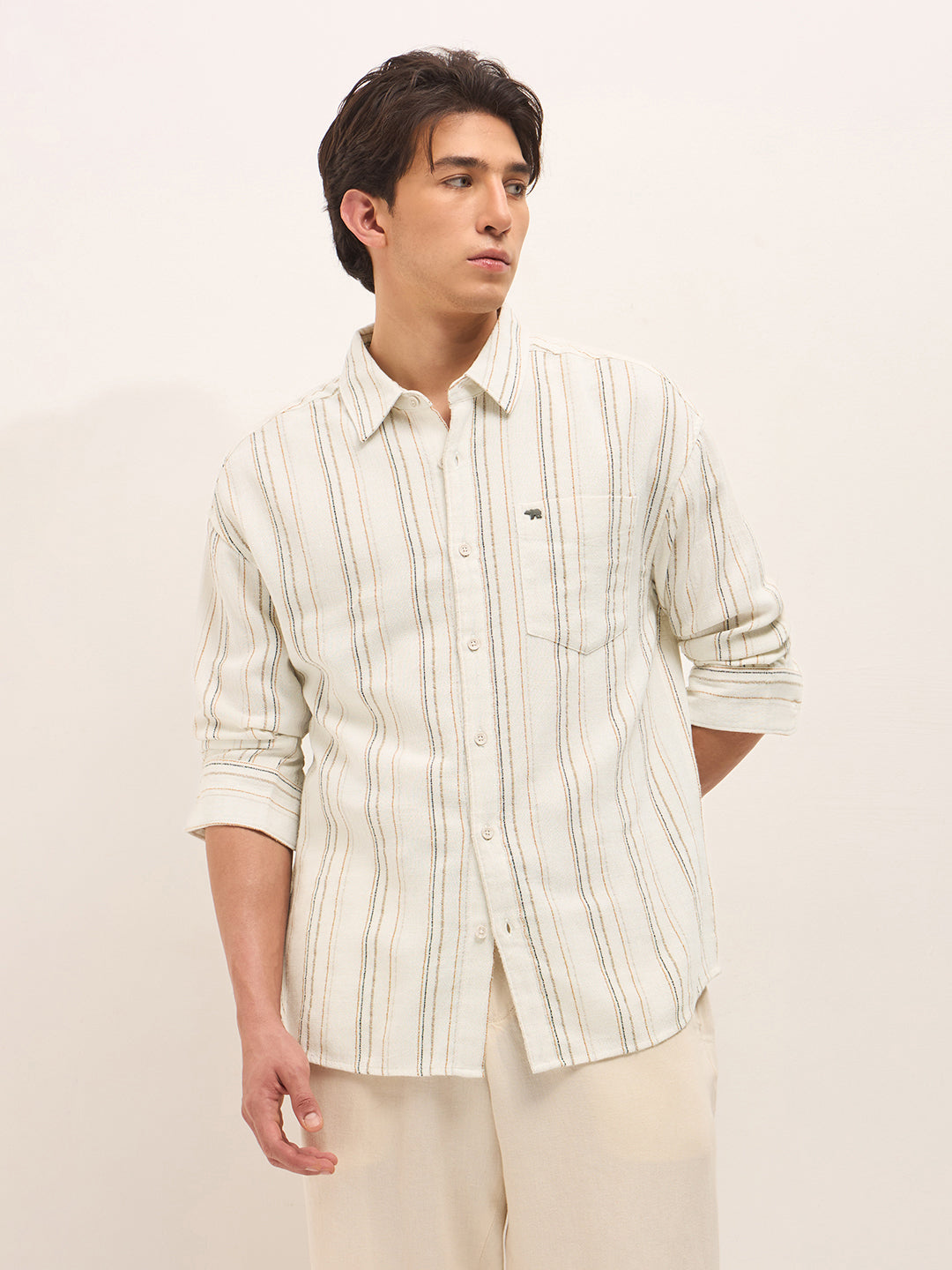 Cream Woven Vertical Stripes Relax Fit Casual Shirt