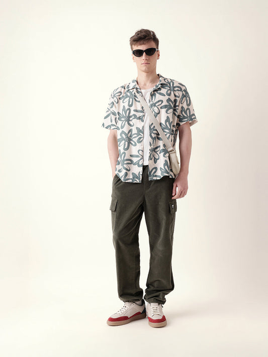 Teal Floral Motif Print Relaxed Fit Half-Sleeve Casual Shirt