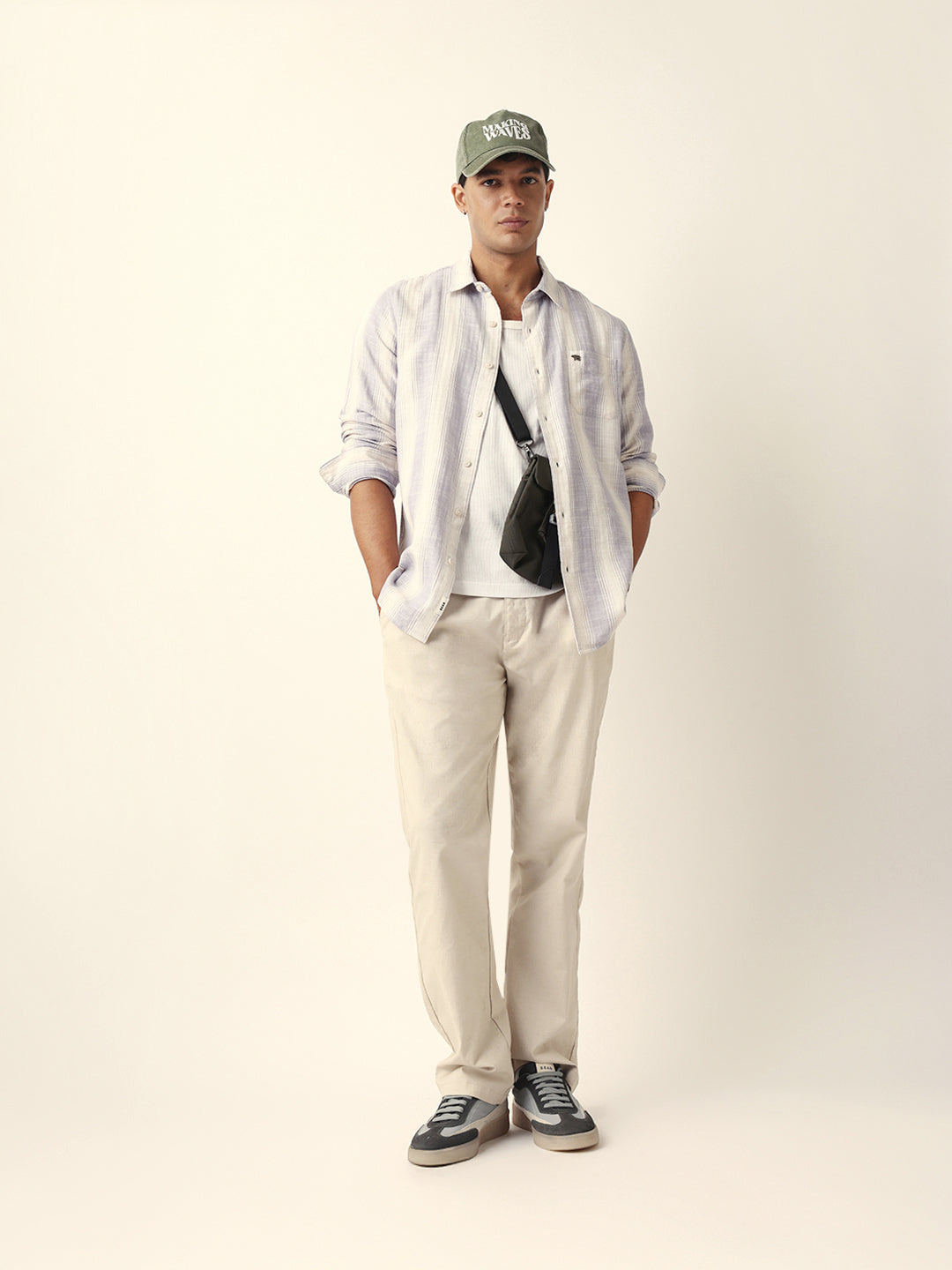 Purple & White Herringbone Striped Slim Fit Casual Shirt