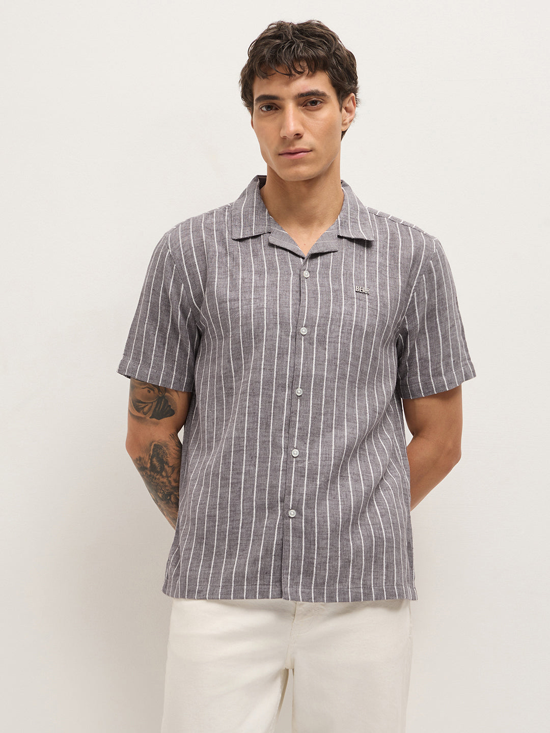 Brown Linen Vertical Textured Stripe Relaxed Fit Half Sleeve Casual Shirt