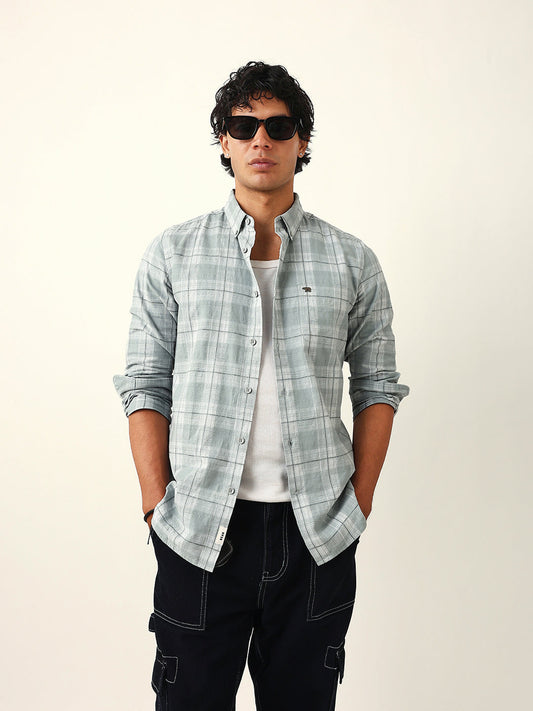 Light Green & White Woven Checked Slim Fit Casual Shirt