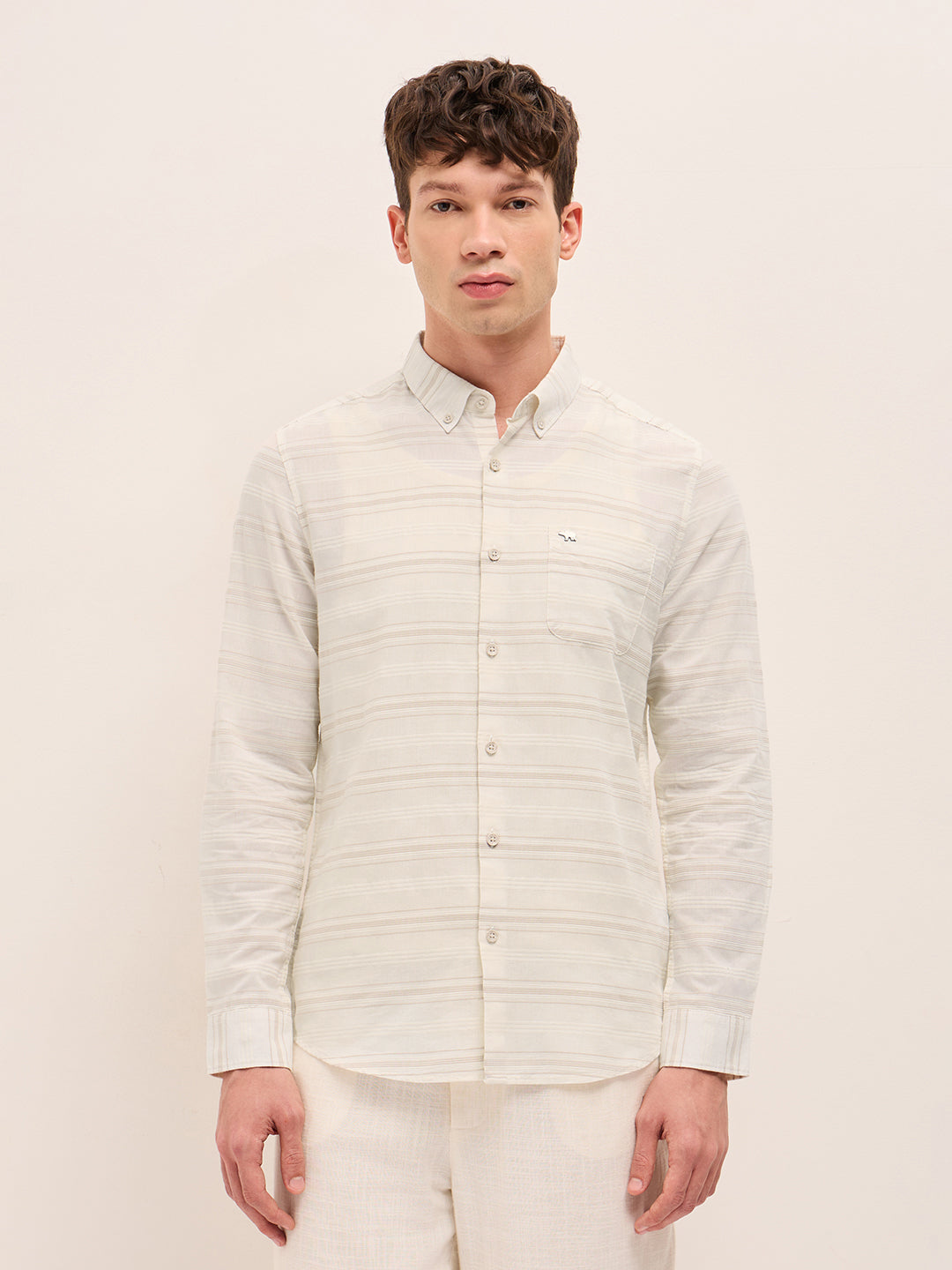 Beige Slim Fit Casual Shirt with Woven Horizontal Textured Stripes