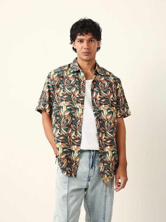Multicolor Tropical Leaf Printed Relax Fit Resort Shirt