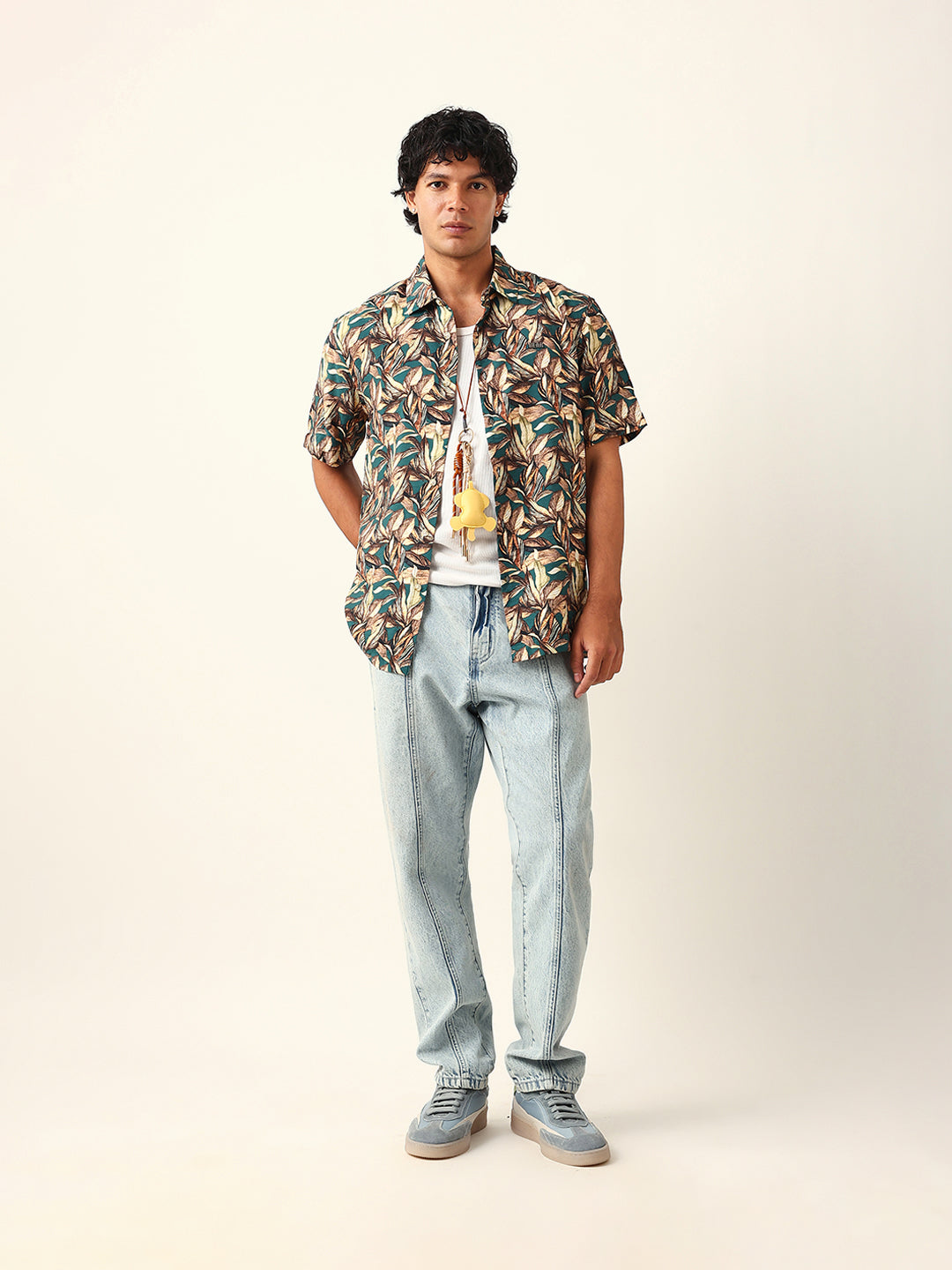 Multicolor Tropical Leaf Printed Relax Fit Resort Shirt