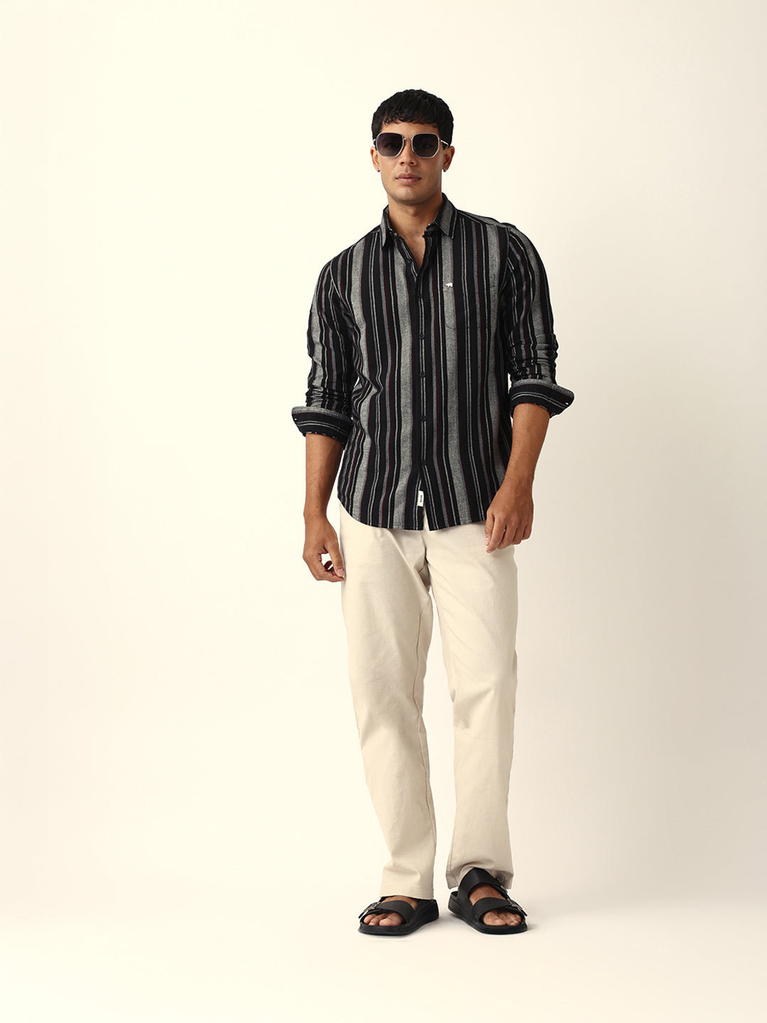 Black Vertical Woven Stripe Slim Fit Casual Shirt