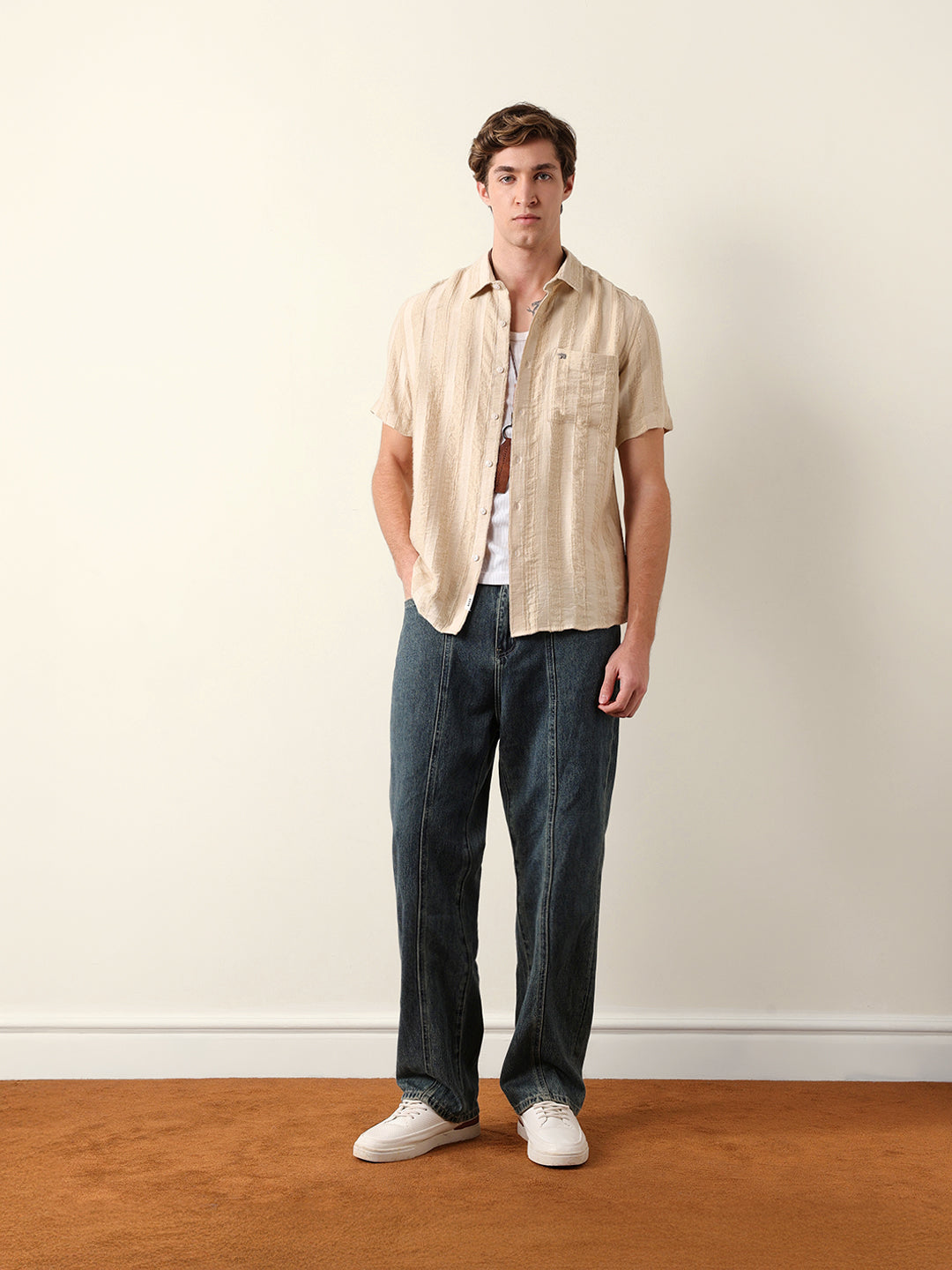 Beige Vertical Stripe Dobby Woven Regular Fit Casual Shirt