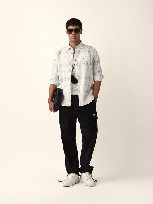 White Woven Checked Slim Fit Casual Shirt