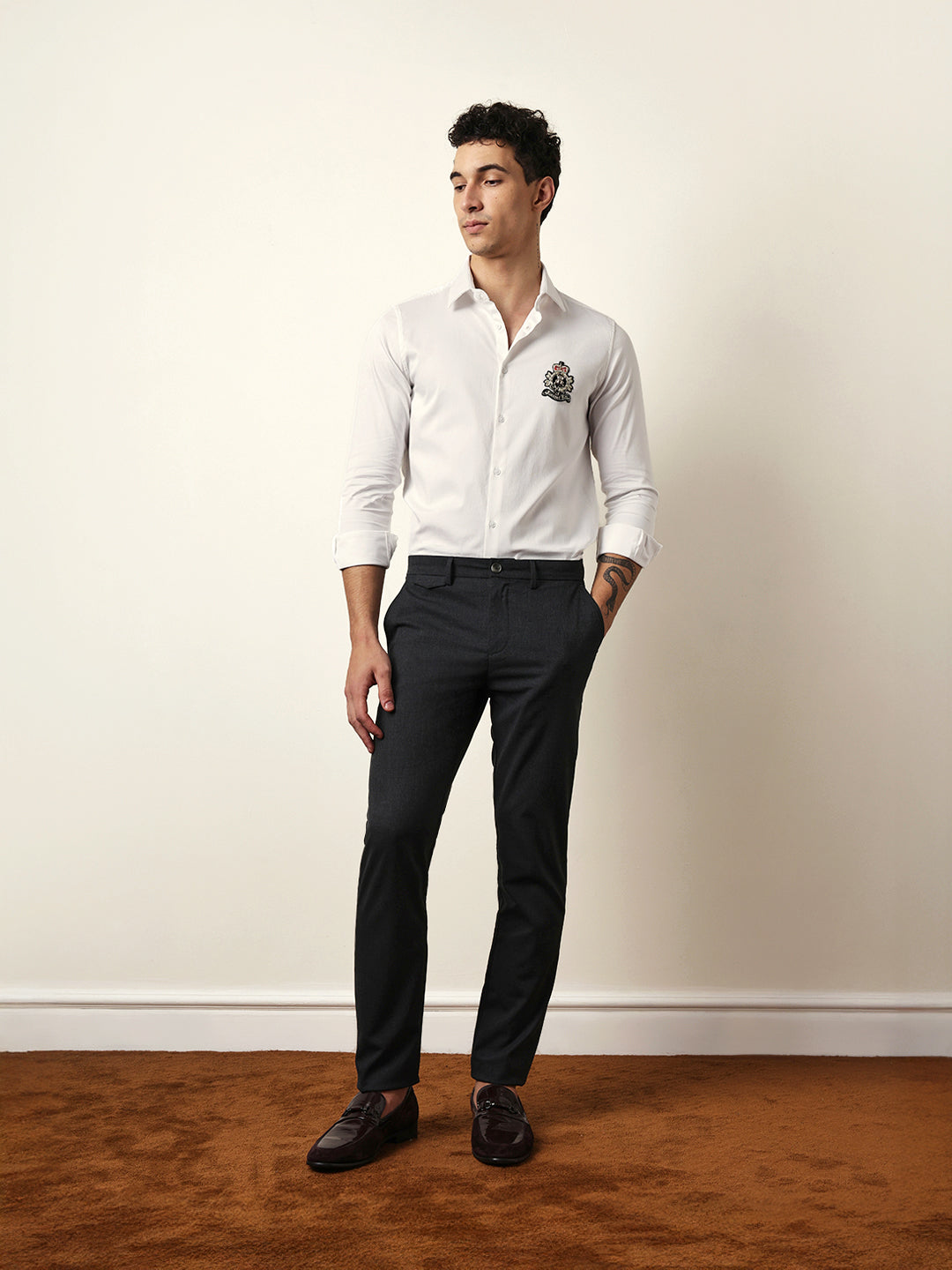 White Tailored Fit Regal Crest Embroidery Formal Party Shirt