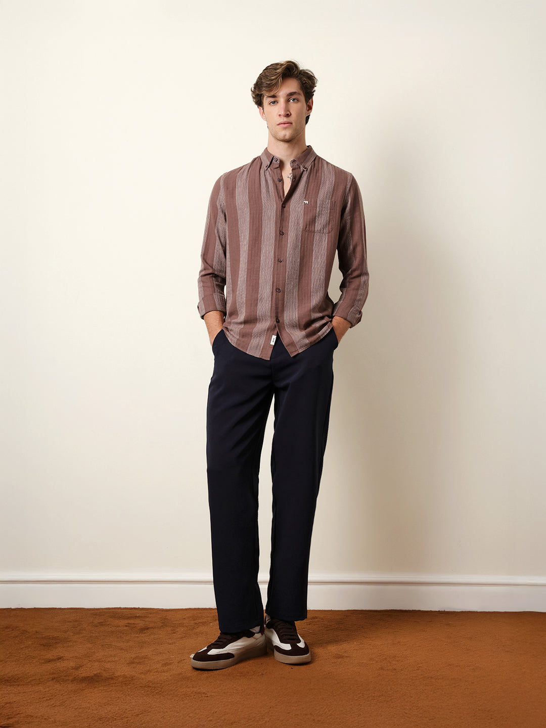 Brown Woven Vertical Stripes Slim Fit Casual Shirt