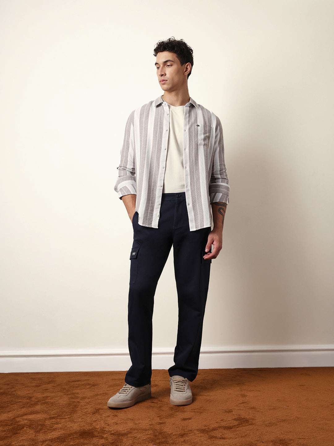 Multicolor Vertical Striped Slim Fit Casual Shirt with Woven-Effect Design