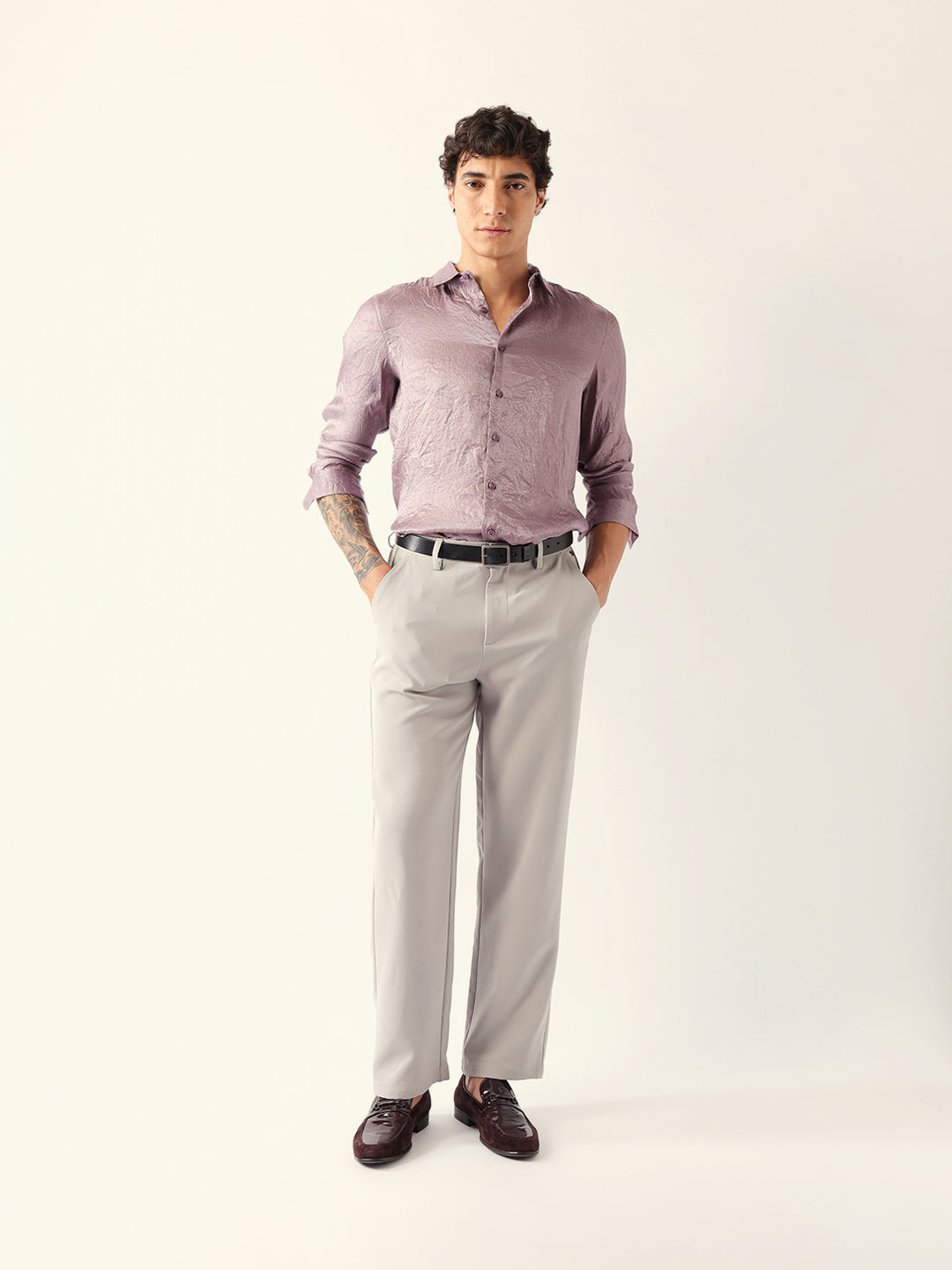 Light Purple Regular Fit Casual Shirt with Crinkle Effect & Subtle Sheen Finish