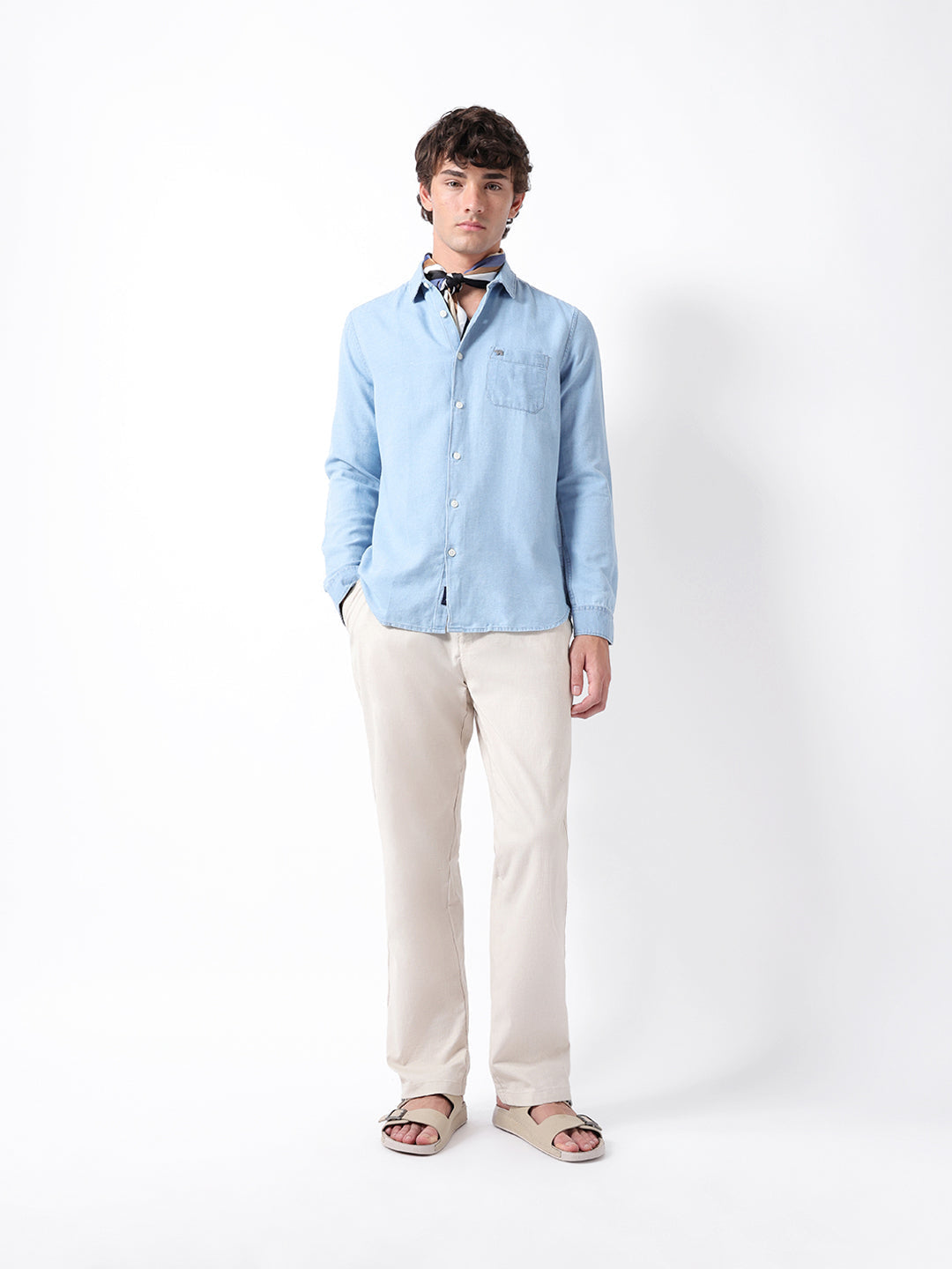 Light Blue Solid Slim Fit Woven Denim Casual Shirt