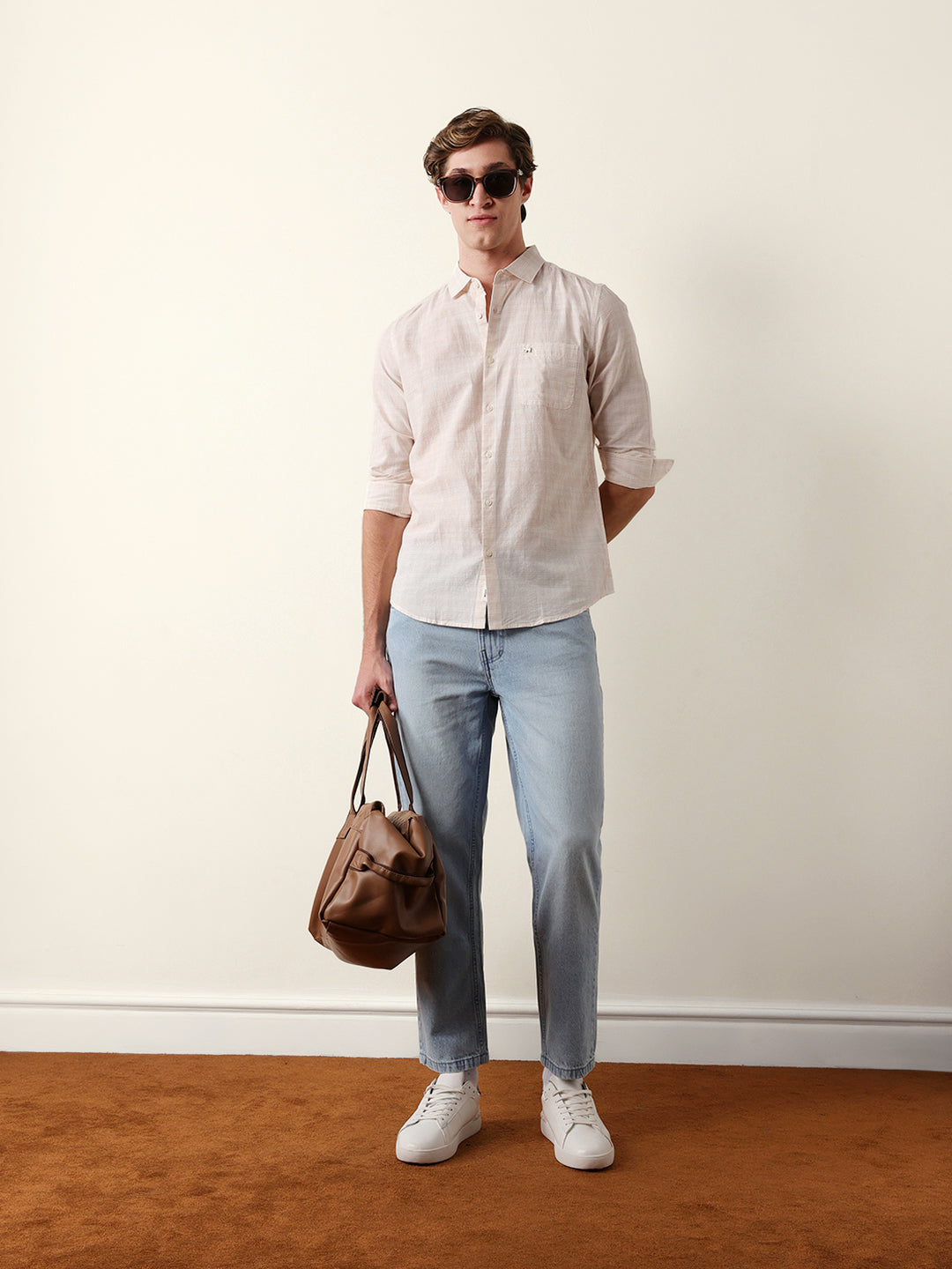 Orange & Off-White Woven Micro-Checked Slim-Fit Casual Shirt