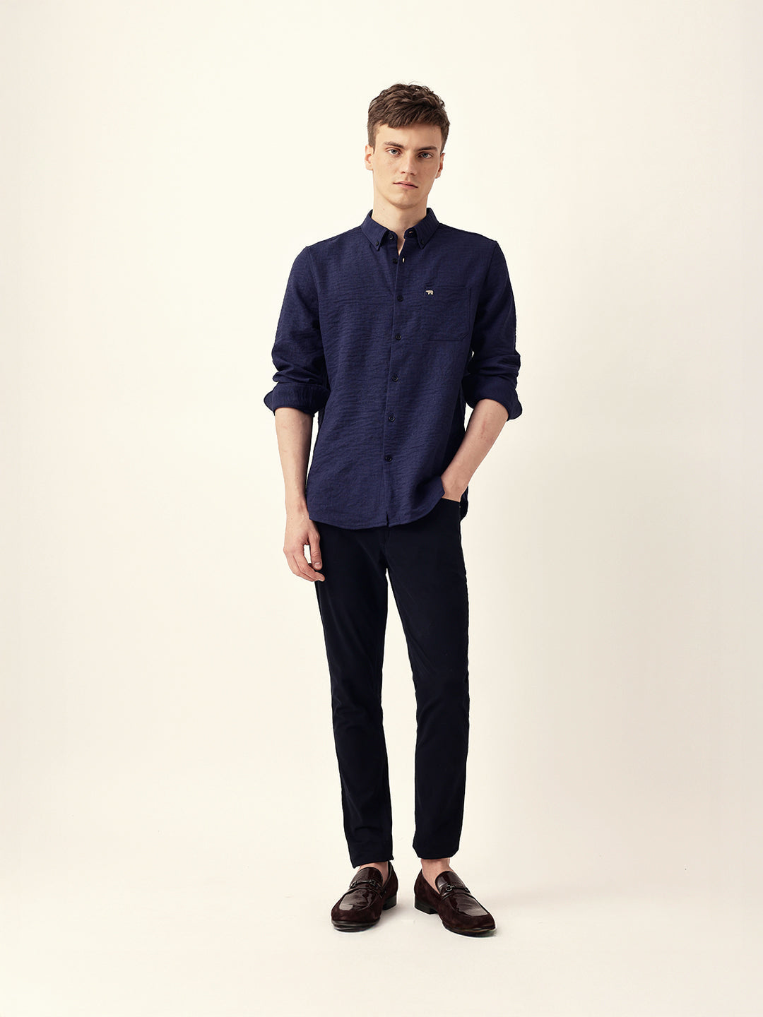 Blue Slim Fit Casual Shirt with Woven Textured Design