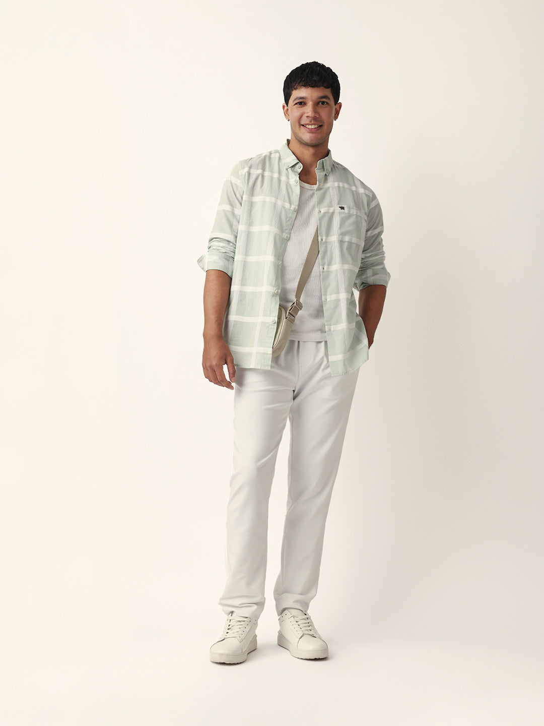 Light Green Woven Windowpane Check Slim Fit Casual Shirt