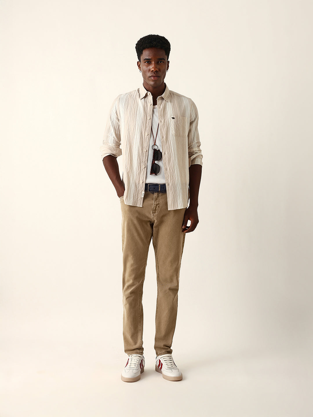Beige Crinkled Vertical Textured Slim Fit Casual Shirt