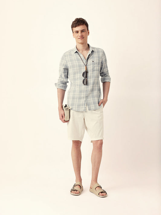 Light Blue Woven Checkered Slim Fit Casual Shirt
