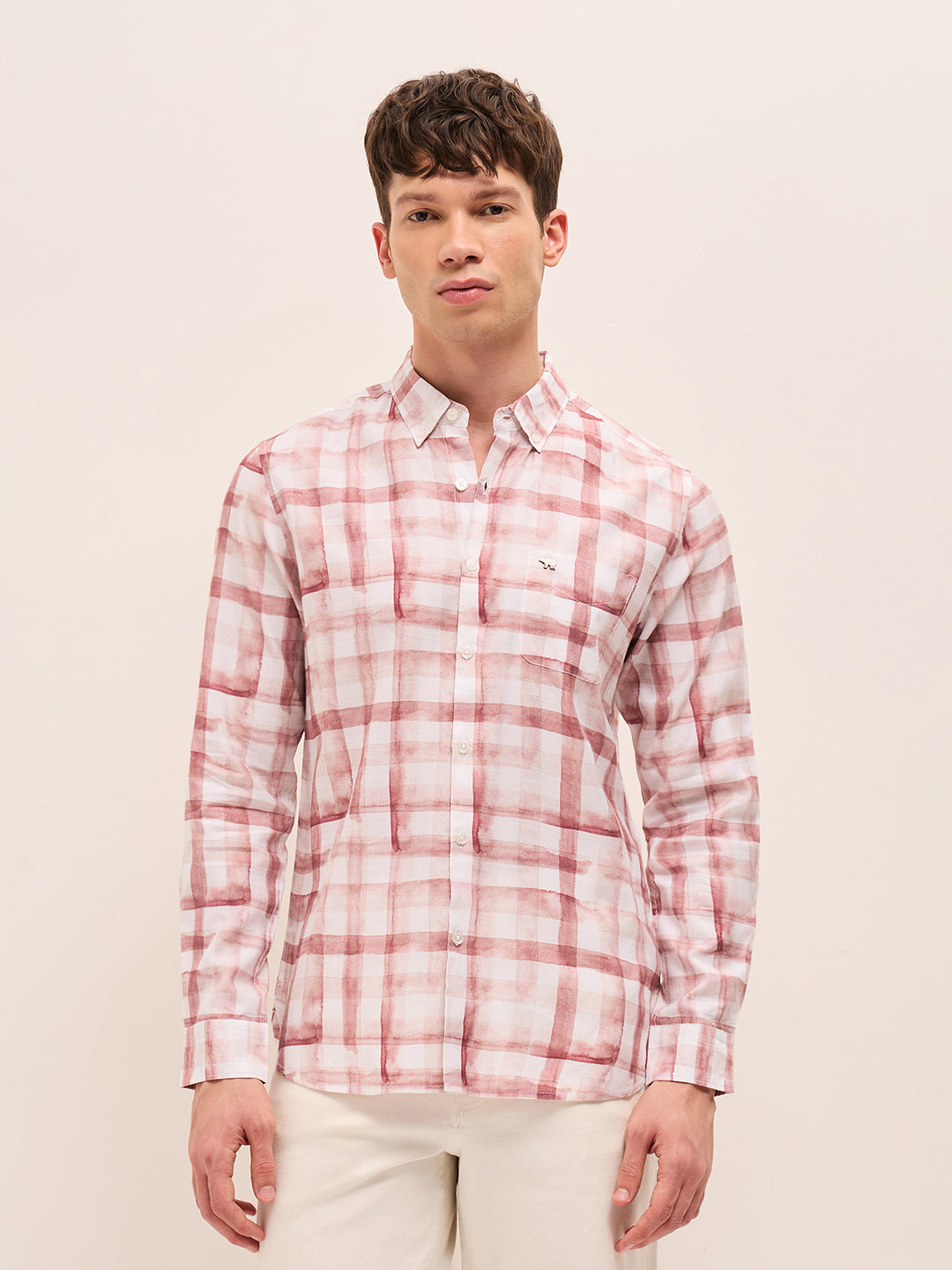 Red & White Slim Fit Casual Shirt with Printed Checks