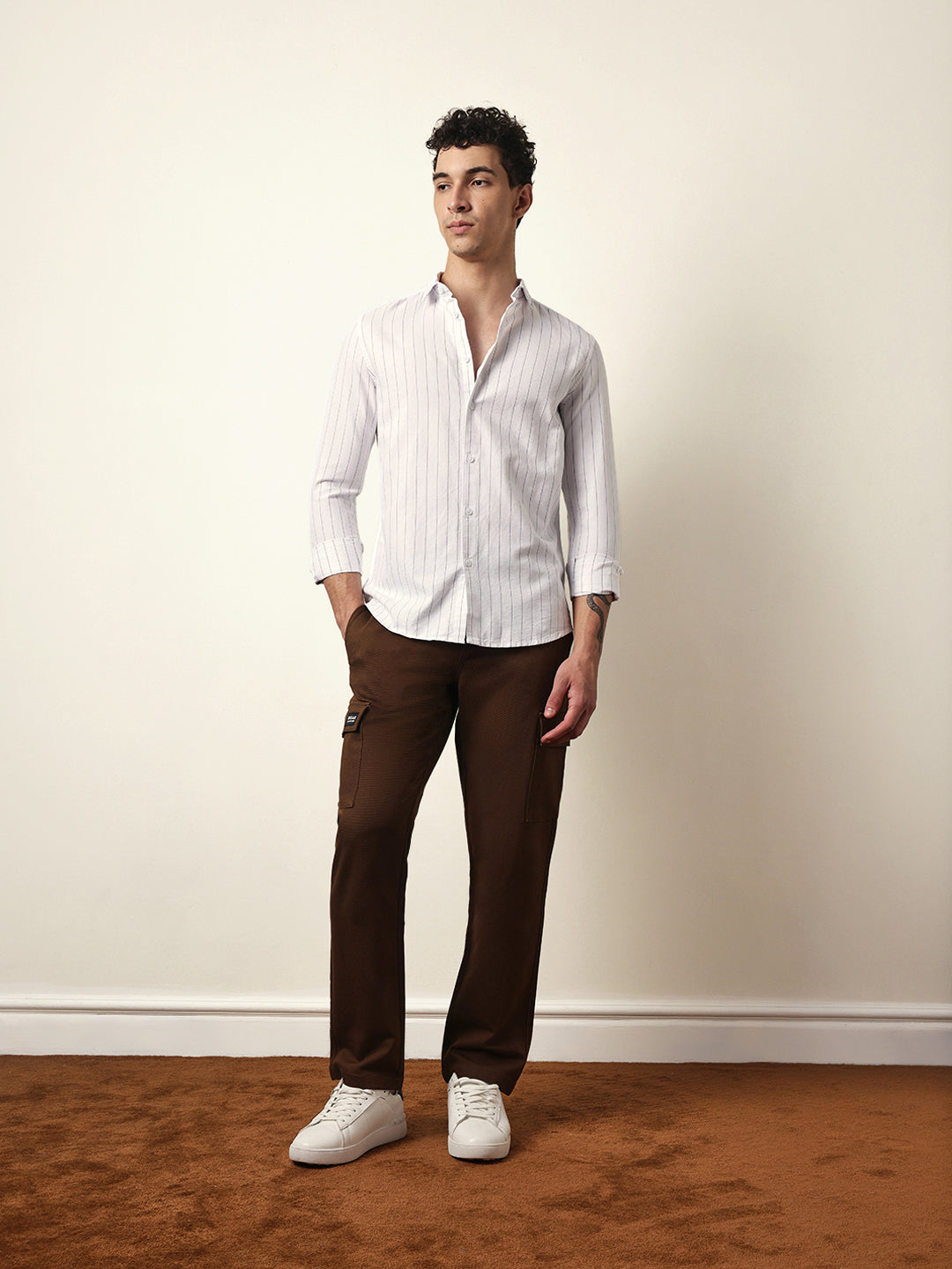 White Vertical Woven Stripe Slim Fit Casual Shirt