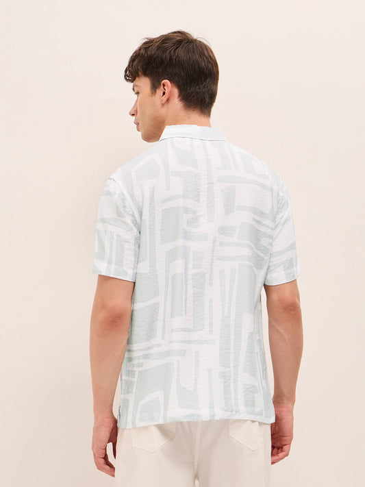 White & Blue Relaxed Fit Abstract Stroke Print Half Sleeve Casual Shirt