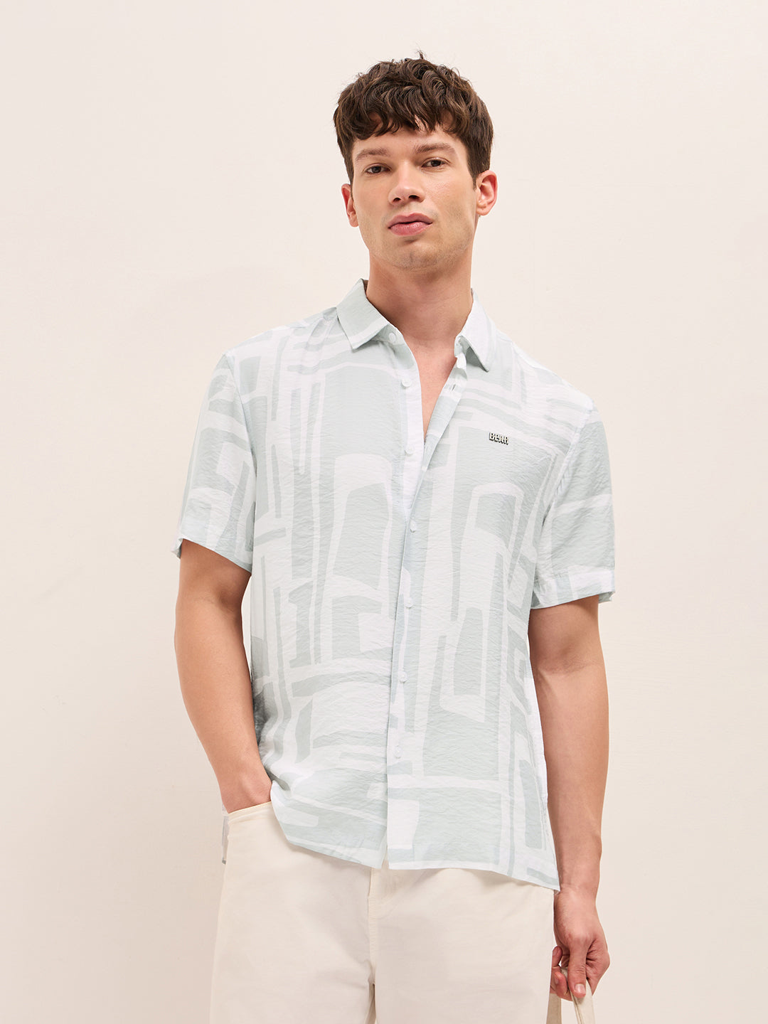 White & Blue Relaxed Fit Abstract Stroke Print Half Sleeve Casual Shirt
