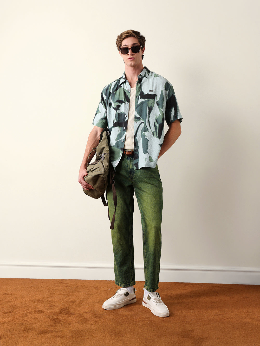Green Abstract Watercolor Brushstroke Print Oversized Fit Casual Shirt
