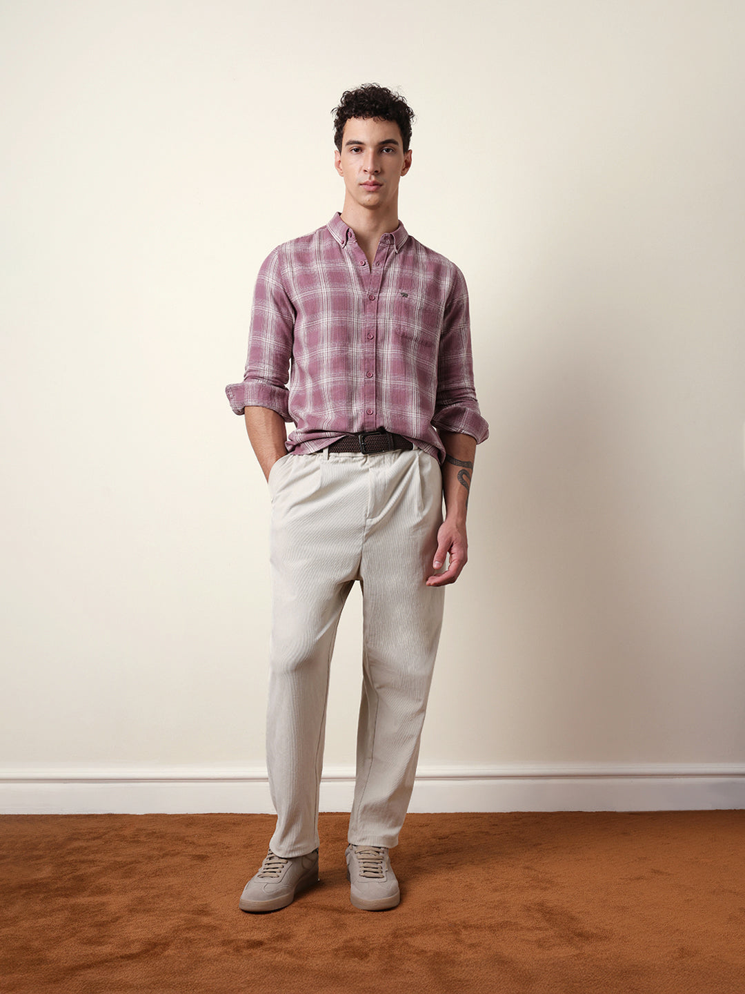 Pink Woven Checkered Slim Fit Casual Shirt