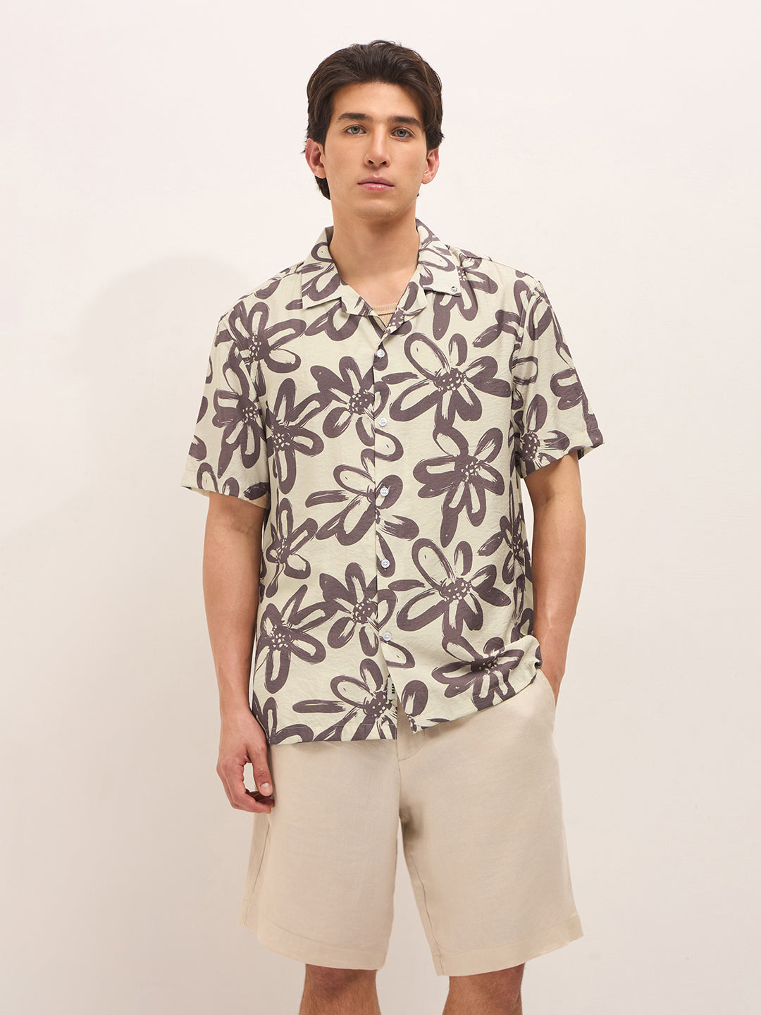 Maroon Floral Motif Print Relaxed Fit Half-Sleeve Casual Shirt