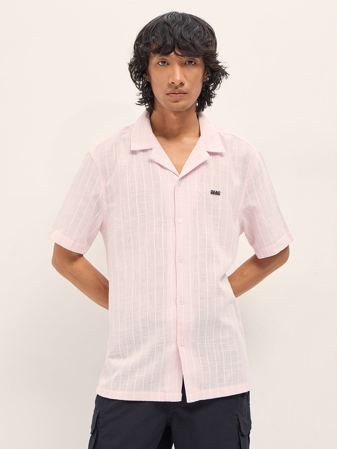 Light Pink Vertical Textured Stripe Relaxed Fit Half Sleeve Casual Shirt