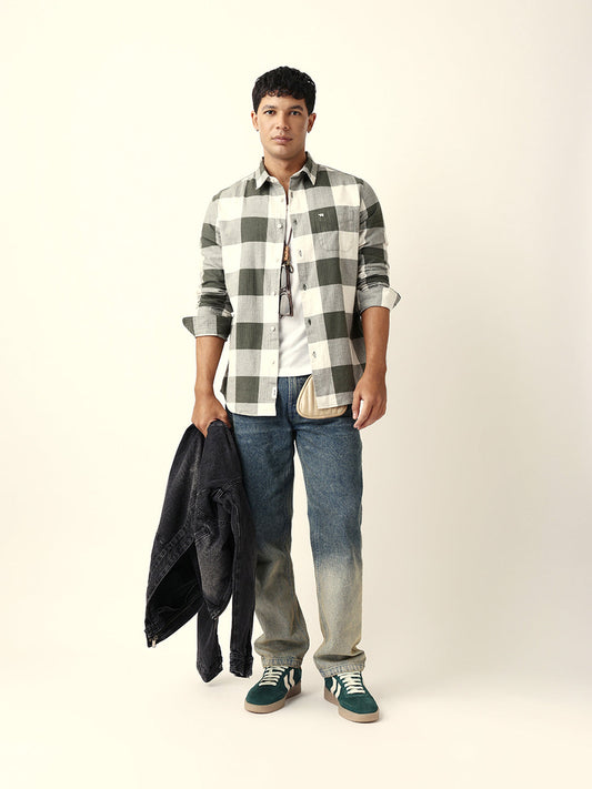 Olive with Cream Woven Checks Slim Fit Casual Shirt