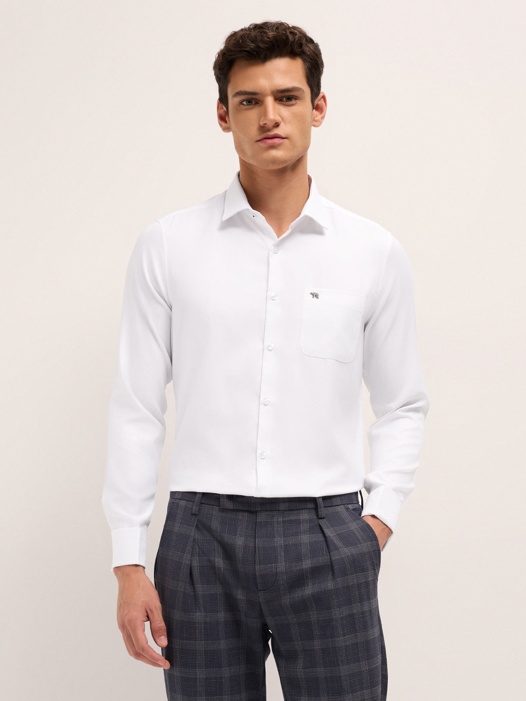 White Woven Micro Check Tailored Fit Formal Shirt with French Cuffs