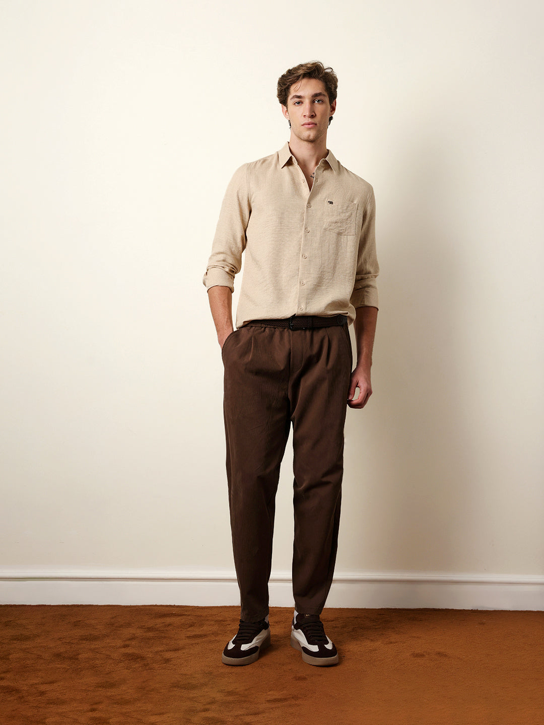 Beige Woven Solid Slim Fit Casual Shirt