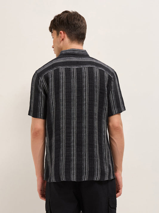 Black Woven Vertical Stripe Regular Fit Half-Sleeve Casual Shirt