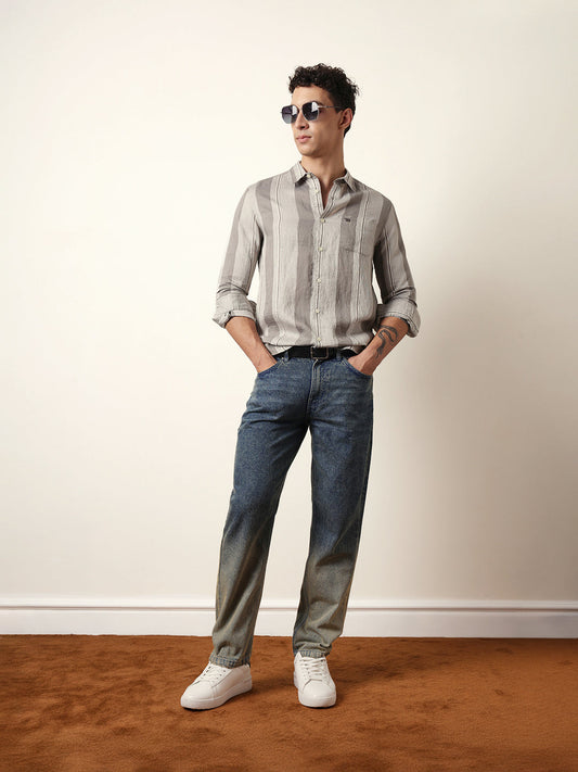 Grey Vertical Woven Stripe Slim Fit Casual Shirt
