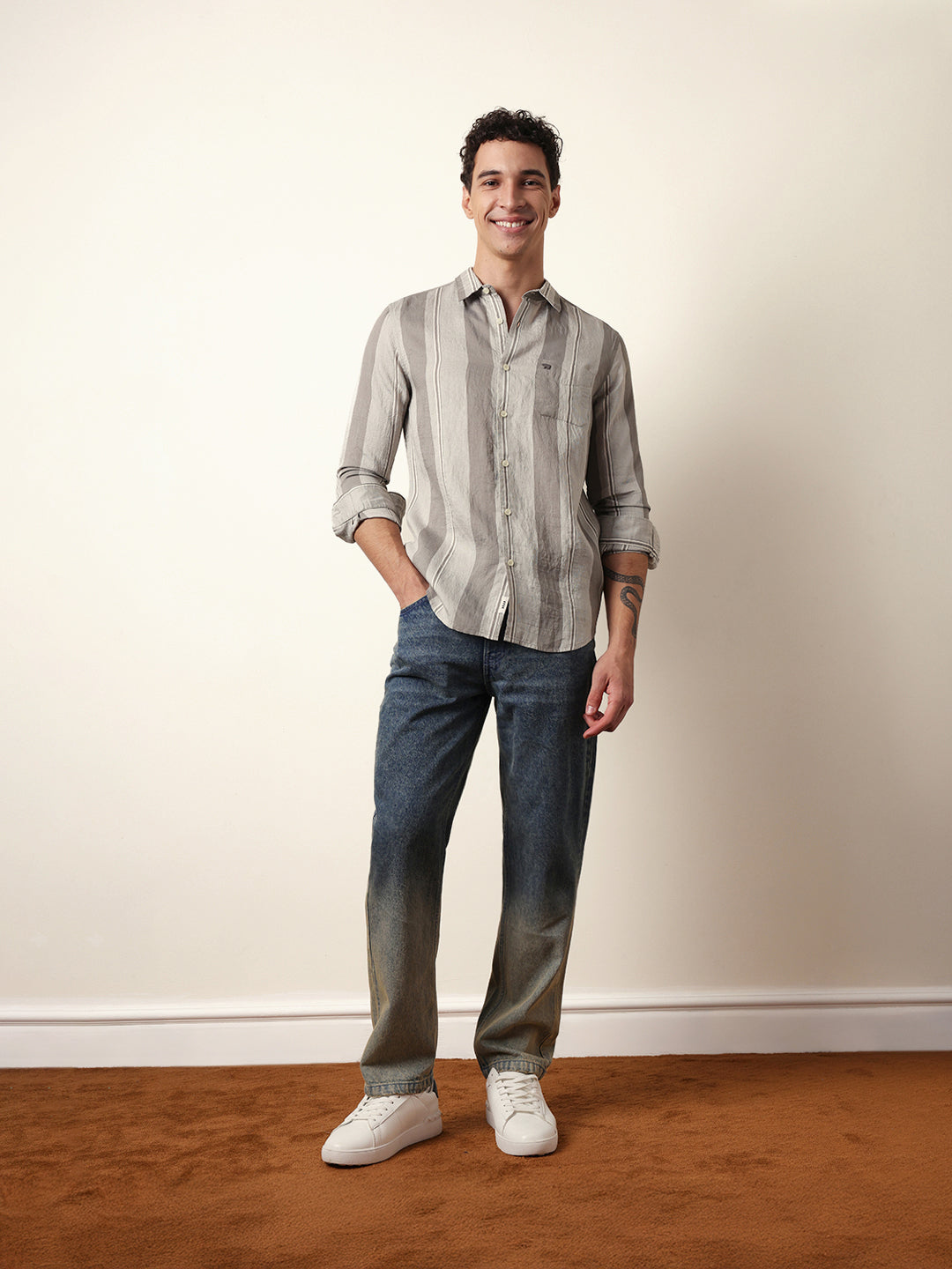 Grey Vertical Woven Stripe Slim Fit Casual Shirt