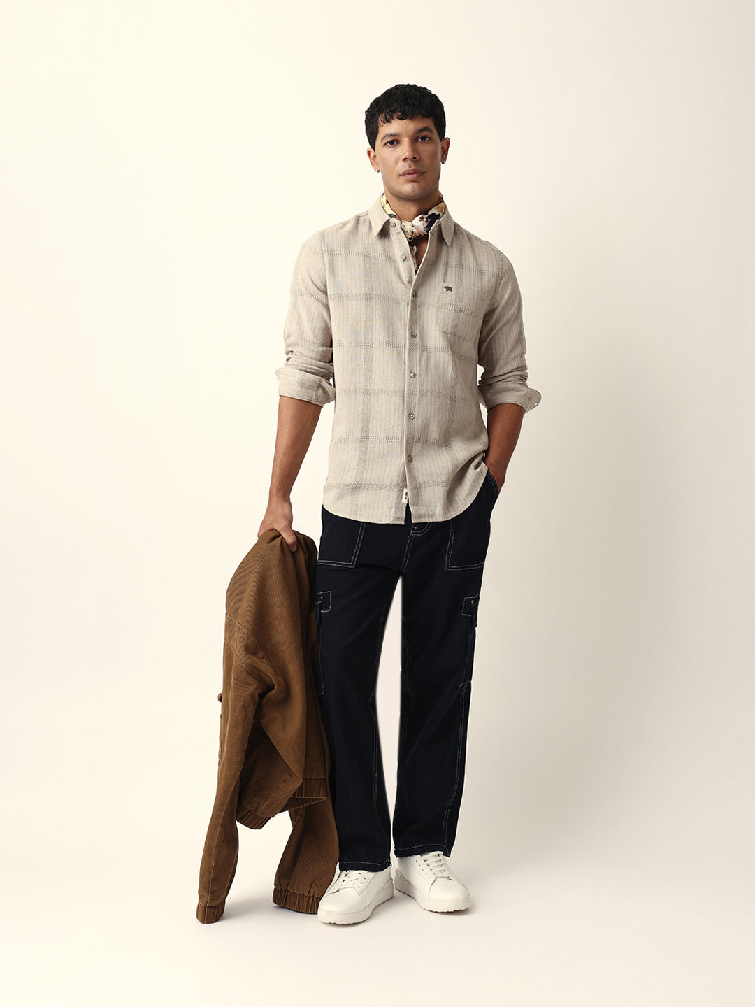 Beige Slim Fit Casual Shirt with Vertical Stripes & Horizontal Texture Design