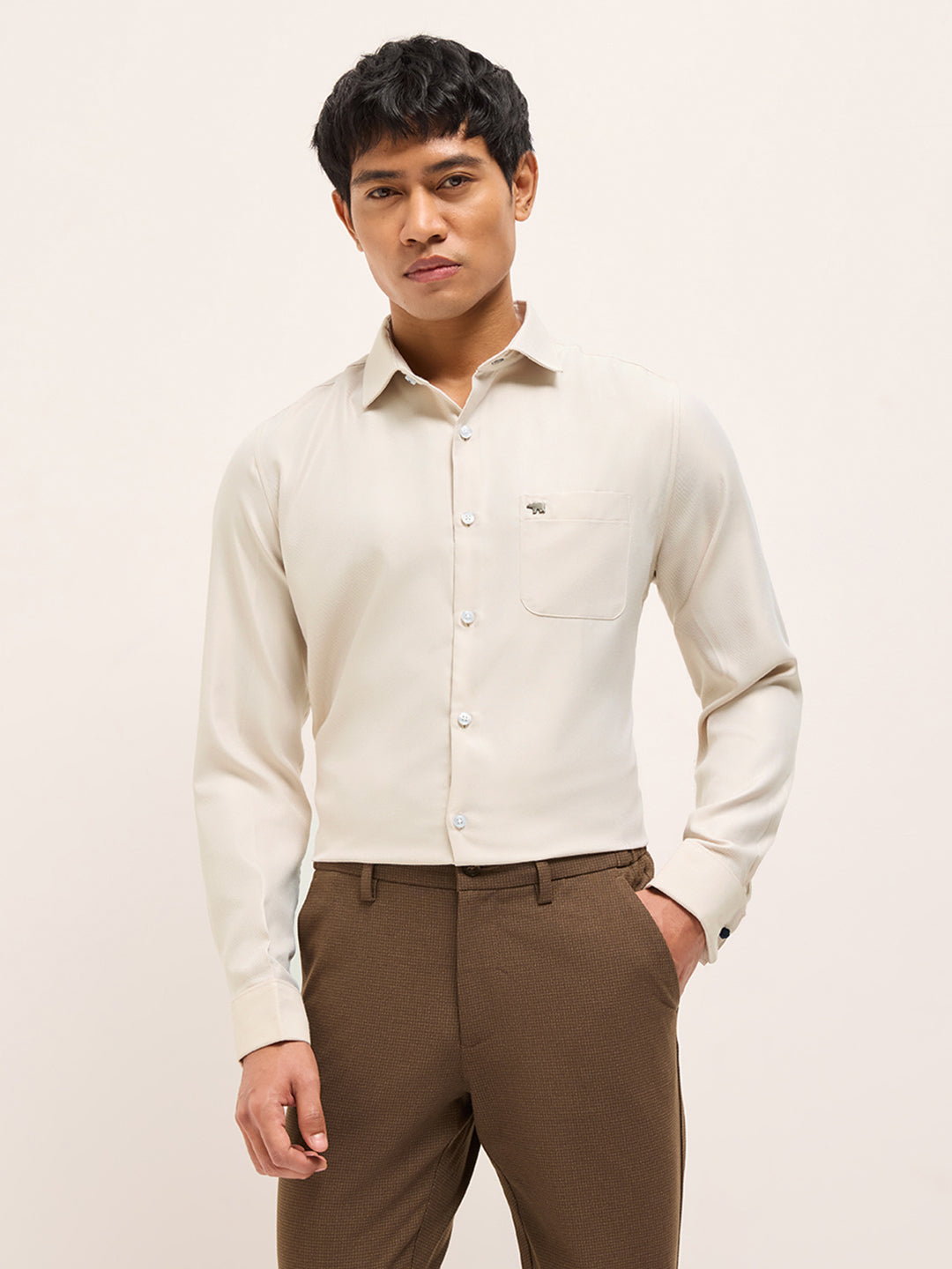 Beige Textured Woven Tailored Fit Formal Shirt