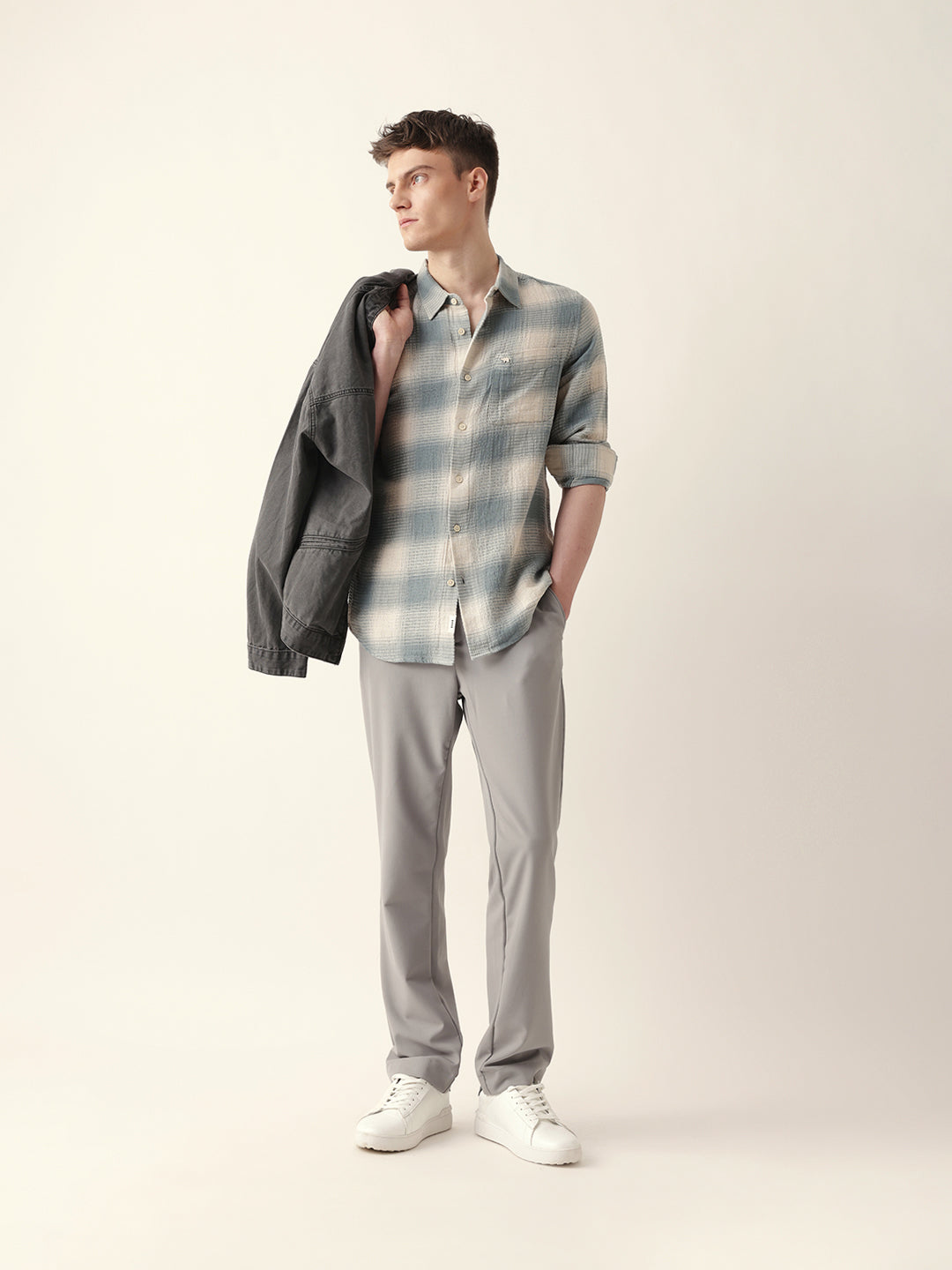 Teal & Cream Woven Textured Checks Regular Fit Casual Shirt