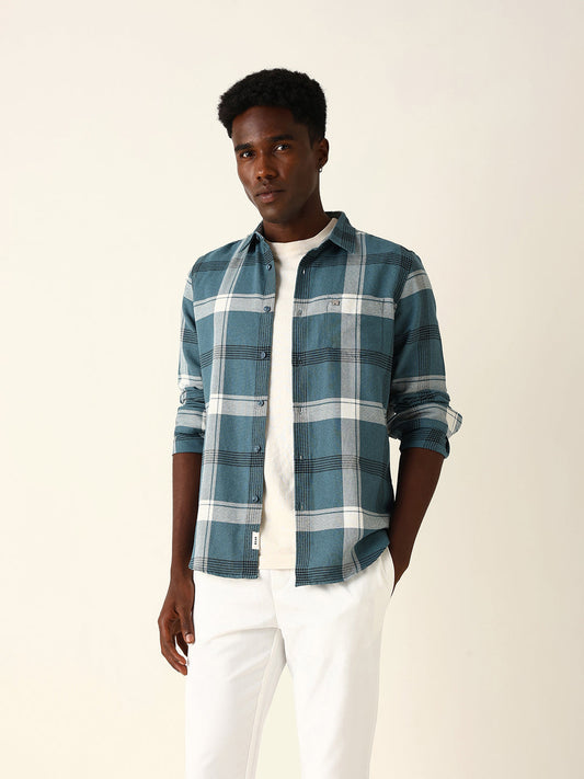 Blue Woven Check Slim Fit Casual Shirt