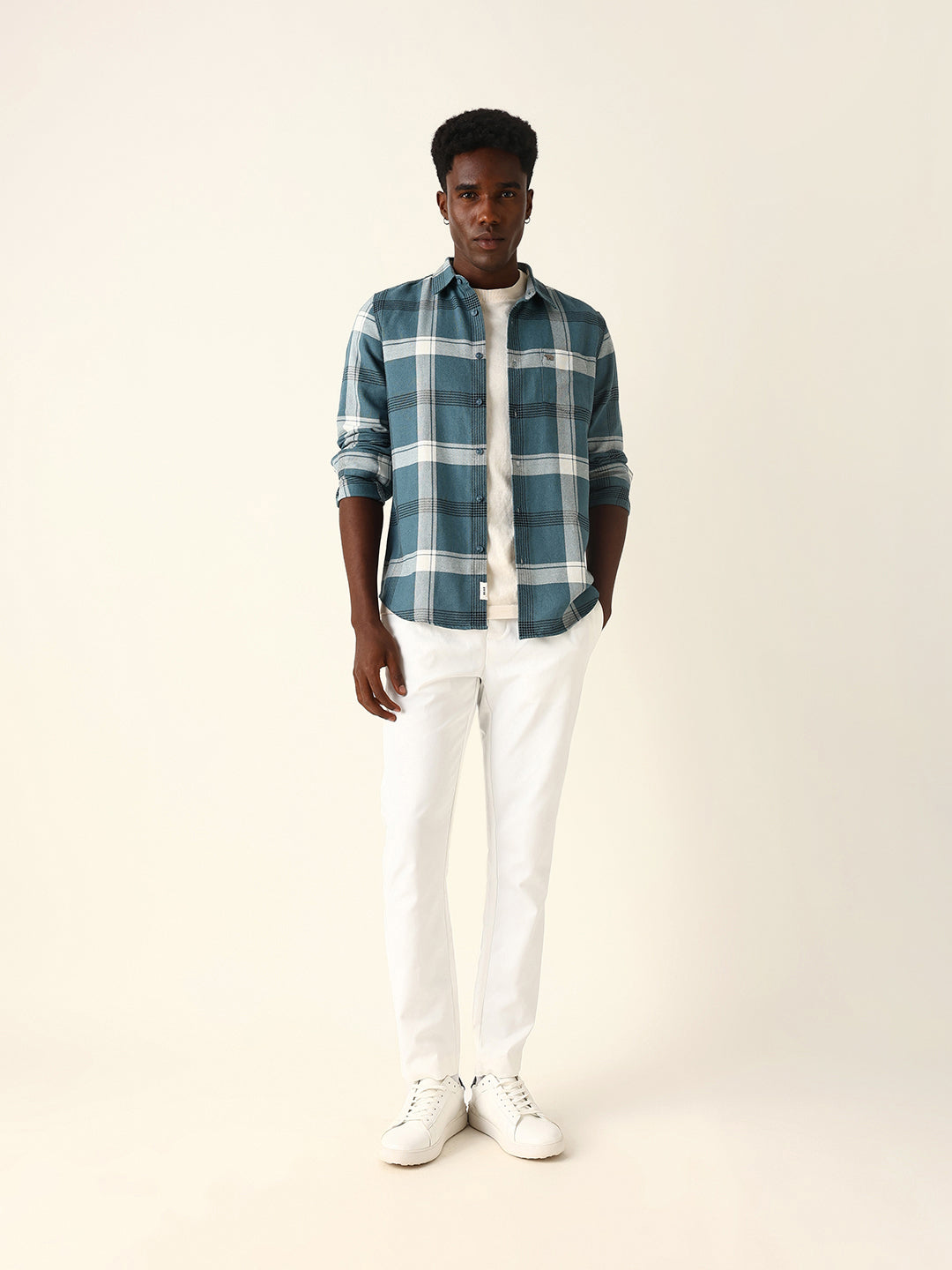 Blue Woven Check Slim Fit Casual Shirt