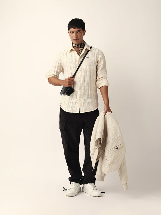 Cream Textured Woven Self-Design Slim Fit Casual Shirt