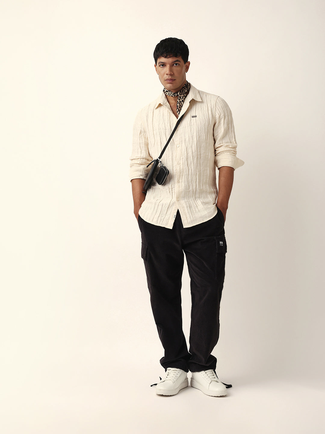 Cream Textured Woven Self-Design Slim Fit Casual Shirt