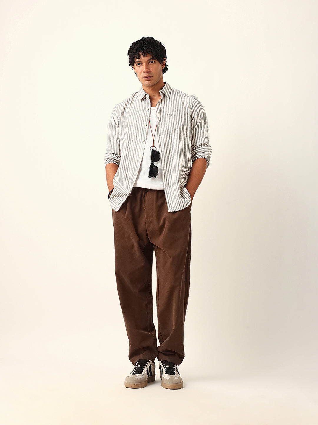Grey & White Vertical Woven Pinstriped Slim Fit Casual Shirt