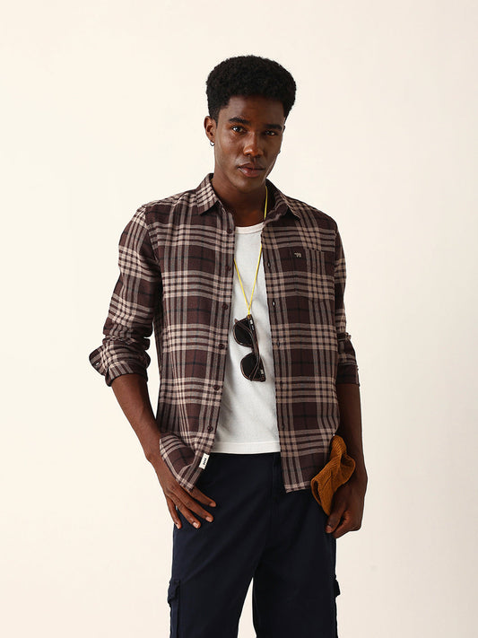 Brown Woven Check Slim Fit Casual Shirt