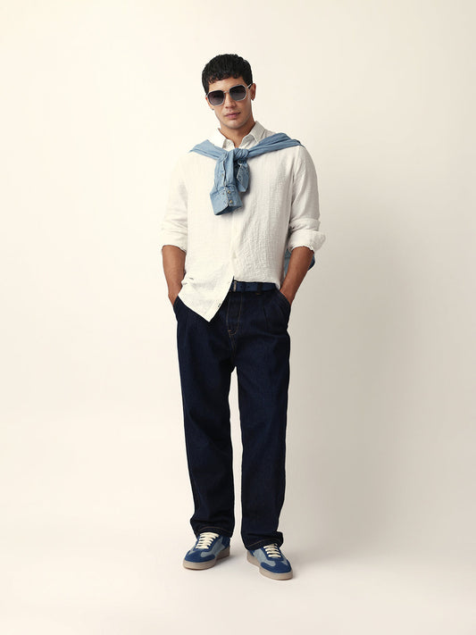 White Crinkle Textured Slim Fit Casual Shirt