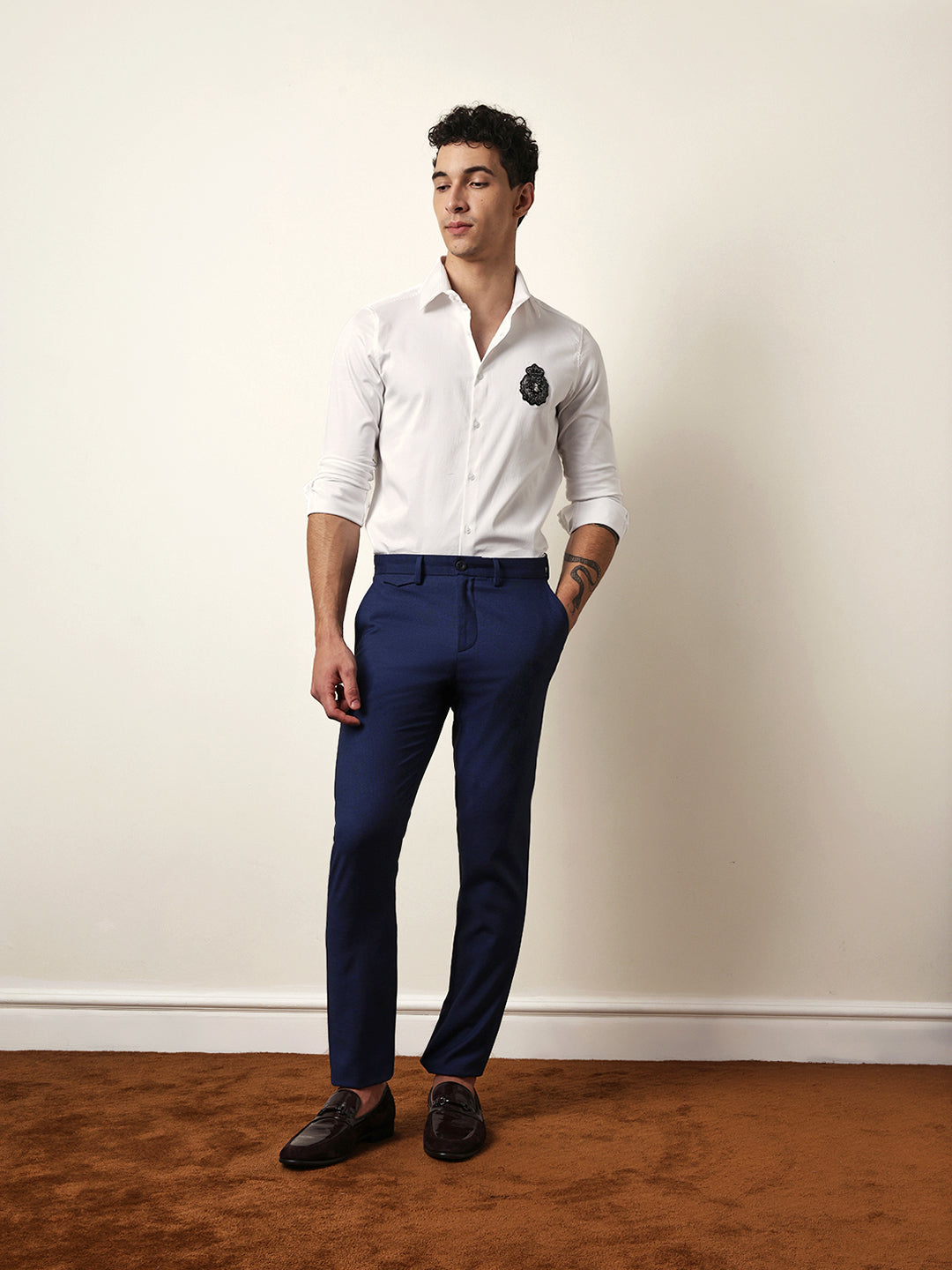 White Tailored Fit Regal Crest Embroidery Formal Party Shirt