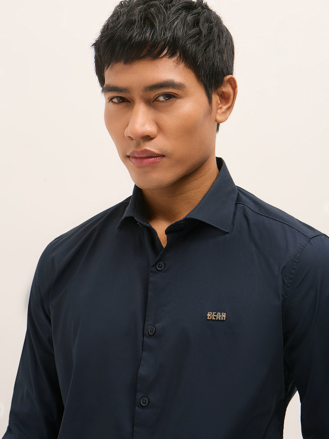 Navy Solid Tailored Fit Cotton Formal Shirt with Metallic Logo Branding